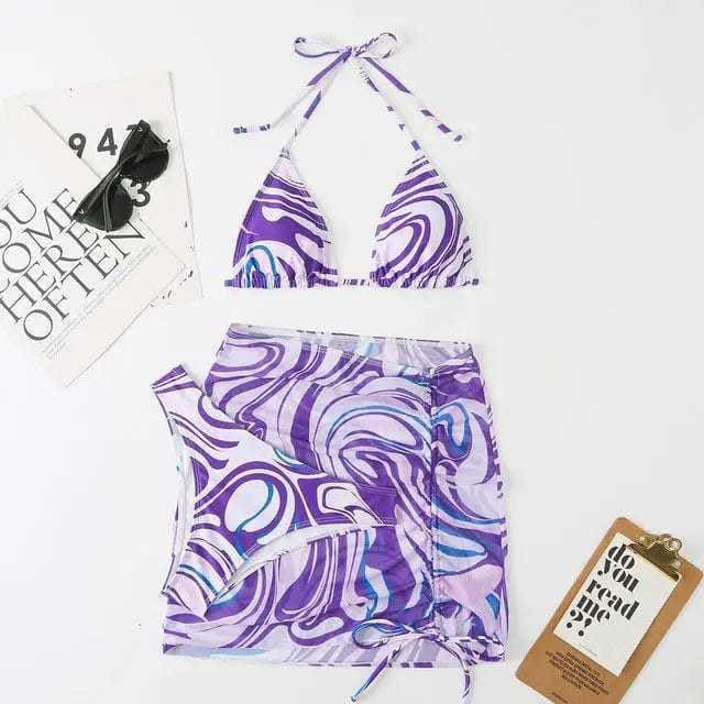 Tie Dye String Thong Three Pieces Bikini Sets With Skirt - ZM22008-ZIS / L On sale