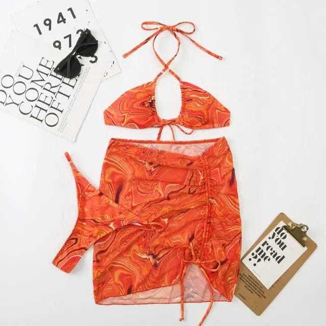 Tie Dye String Thong Three Pieces Bikini Sets With Skirt - ZM22010-HOS / L On sale