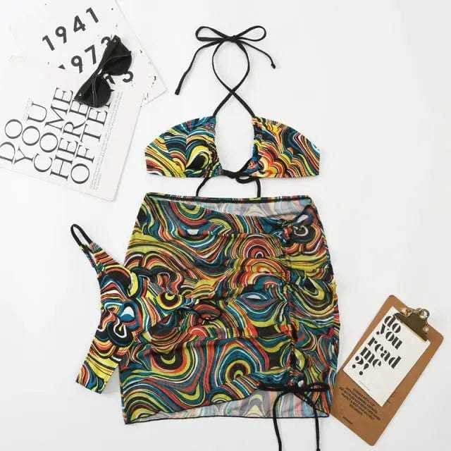 Tie Dye String Thong Three Pieces Bikini Sets With Skirt - ZM22010-HUS / M On sale