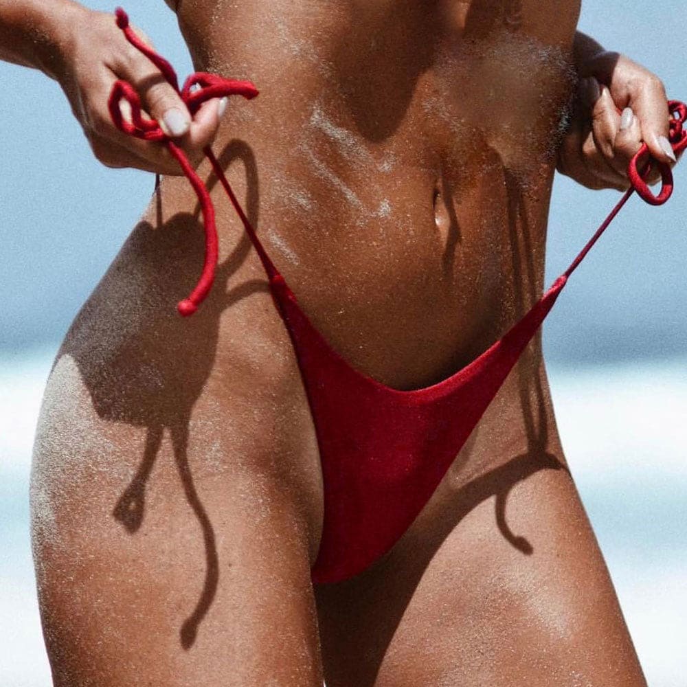 Tie Side String Brazilian Thong Bikini Bottom - Red / S On sale