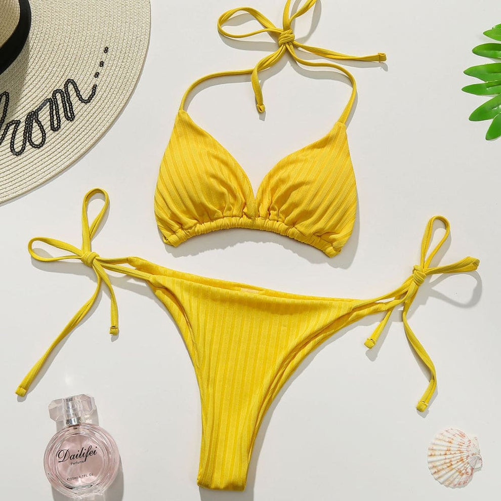 Tie String Textured Rib Triangle Brazilian Bikini Swimsuit-Sunnybikinis
