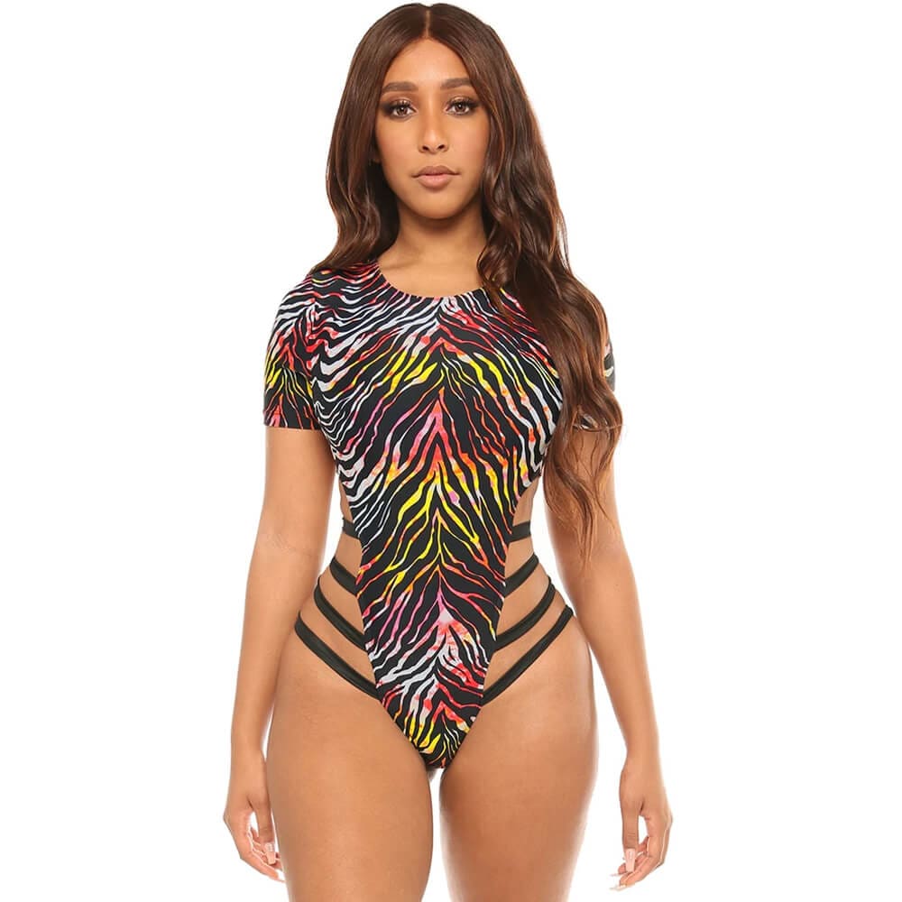 Tiger High Cut Strappy Short Sleeve One Piece Swimsuit - S On sale
