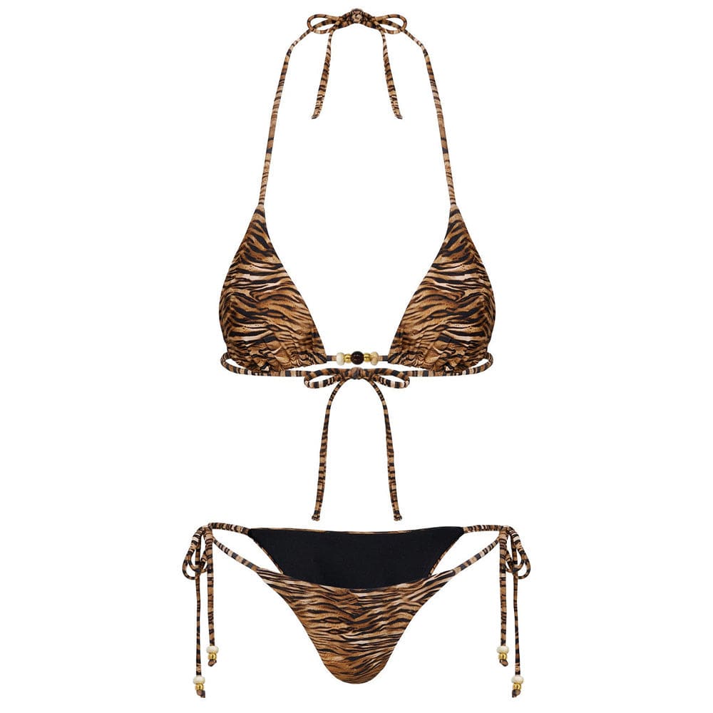 Tiger Print Beaded Brazilian Bikini Set – Tie Side - On sale
