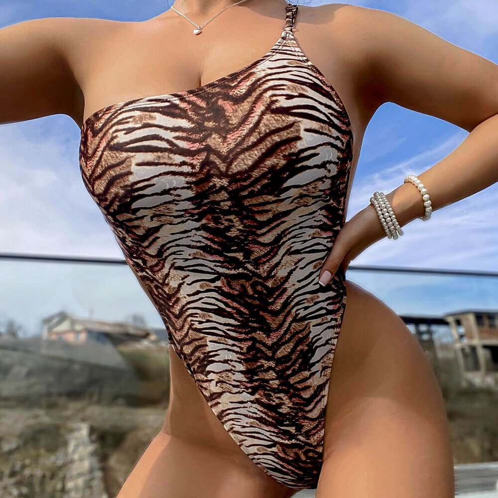 Tiger Print High Leg One Shoulder Piece Swimsuit - On sale