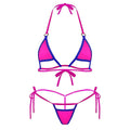 Rose red lace-up micro bikini set, front view of triangle bra and thong