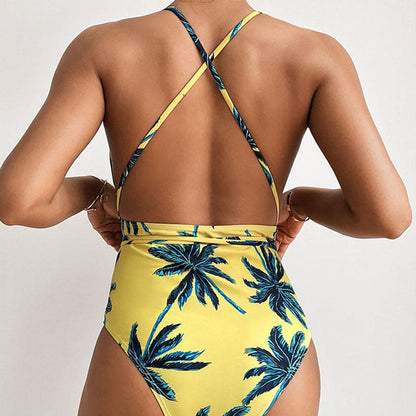 Tropical Contrast Deep V Brazilian One Piece Swimsuit - On sale