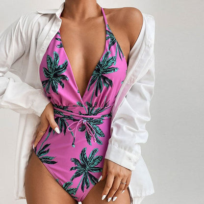 Tropical Contrast Deep V Brazilian One Piece Swimsuit - Pink / S On sale