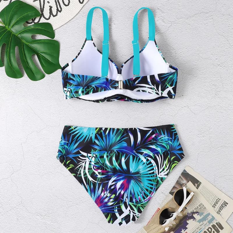 Tropical High Waisted Push Up Bikini Sets with Underwire - On sale