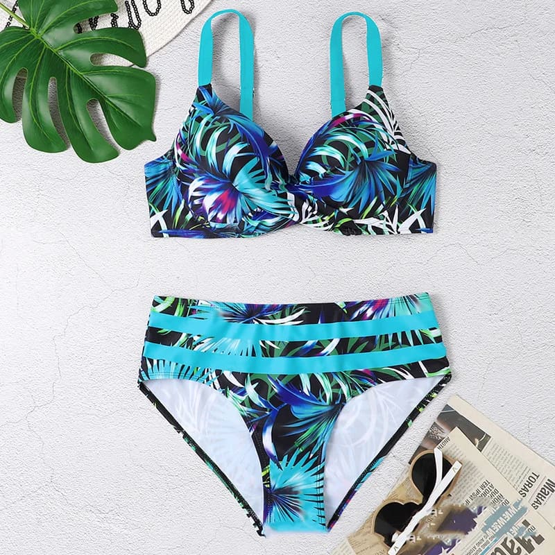 Tropical High Waisted Push Up Bikini Sets with Underwire - On sale