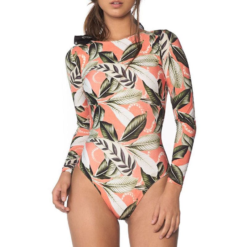 Tropical Leaf Print Rash Guard One-Piece Swimsuit - On sale