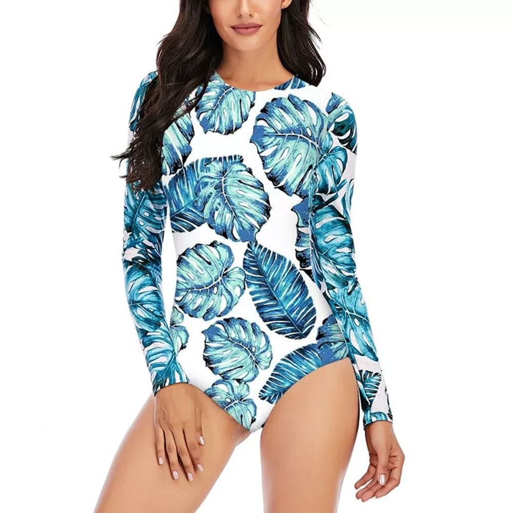 Tropical Leaf Print Rash Guard One-Piece Swimsuit - Blue / S On sale