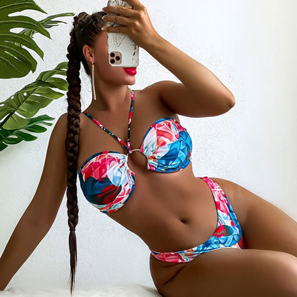 Tropical O Ring Bandeau Brazilian Bikini Swimsuit - Multicolor / S On sale