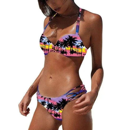 Tropical Palm Tree Print Triangle Scrunch Brazilian Bikini Swimsuit - B074Purple / L