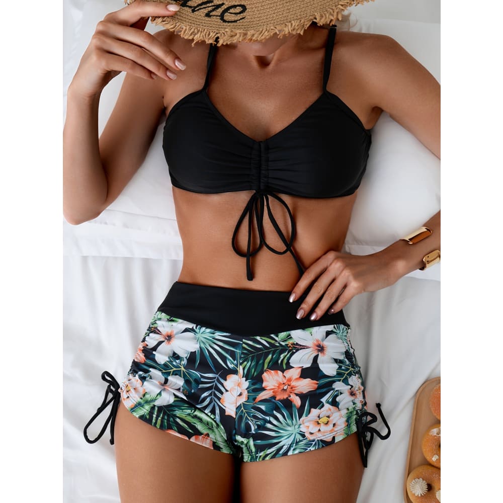 Tropical Plant Print Bikini Set – High-Waisted Drawstring Swimwear - Black / S On sale
