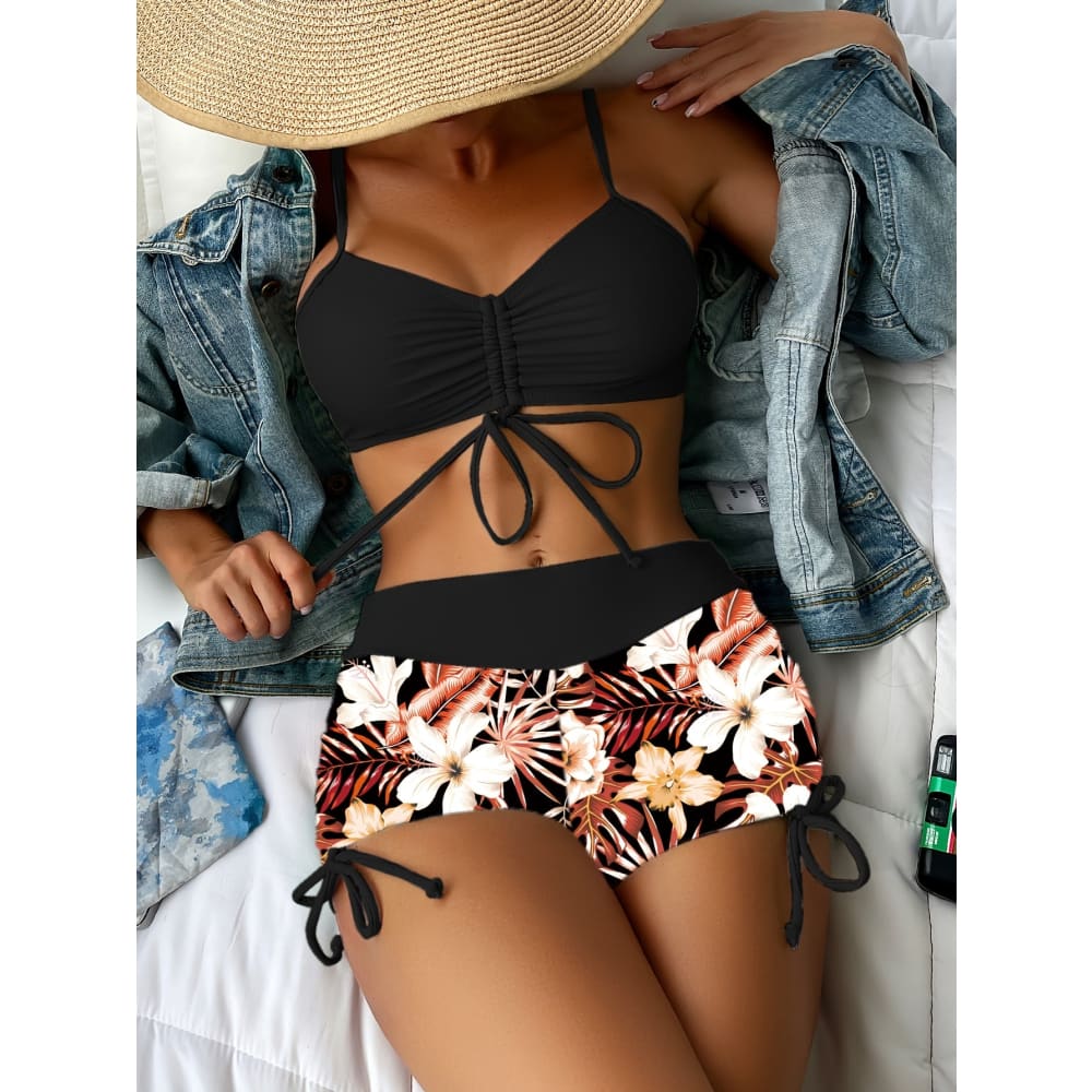 Tropical Plant Print Bikini Set – High-Waisted Drawstring Swimwear - Multicolor / S