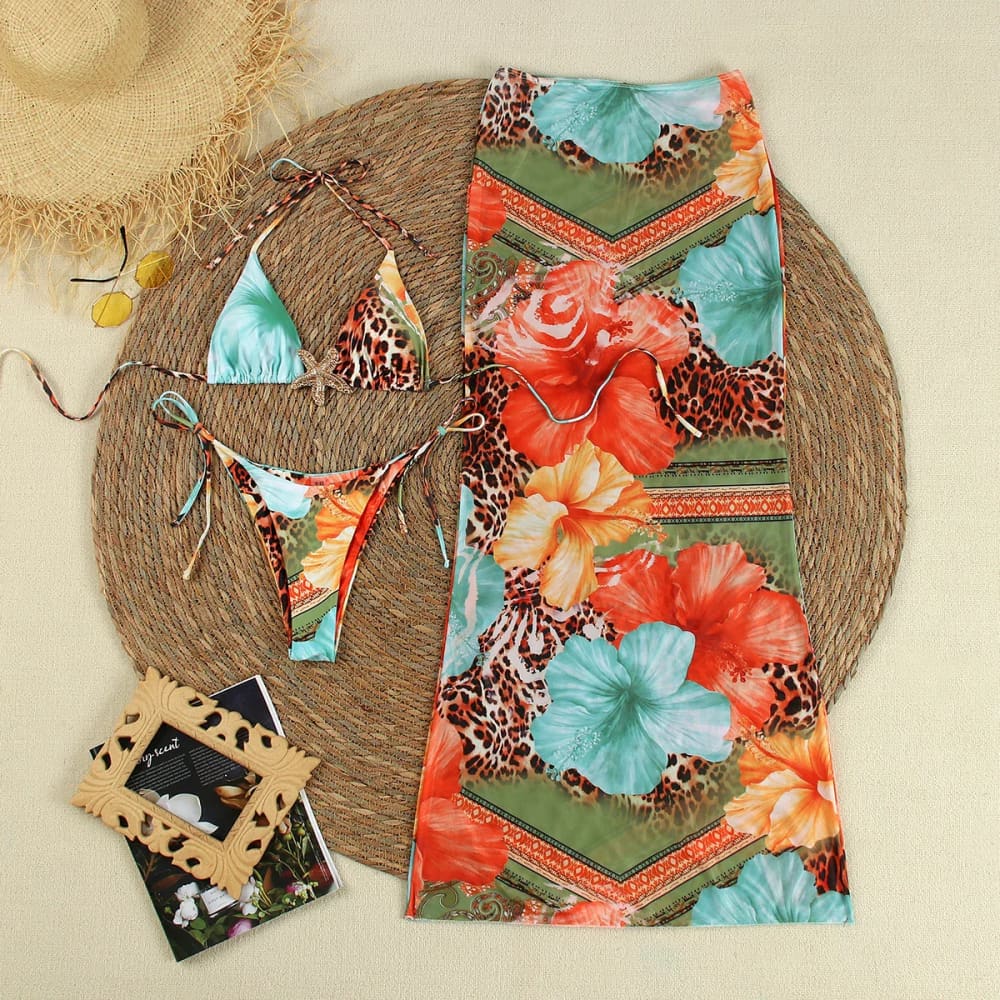 Tropical Print 3-Piece Bikini Set with Maxi Skirt - On sale
