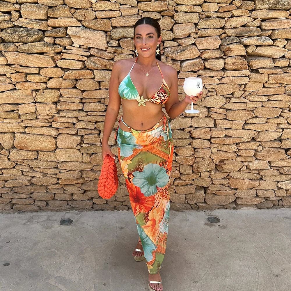 Tropical Print 3-Piece Bikini Set with Maxi Skirt - Printing / S On sale