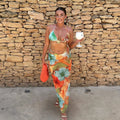 3-piece bikini set with tropical print: triangle top, leopard bottoms, maxi skirt