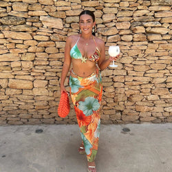 3-piece bikini set with tropical print: triangle top, leopard bottoms, maxi skirt