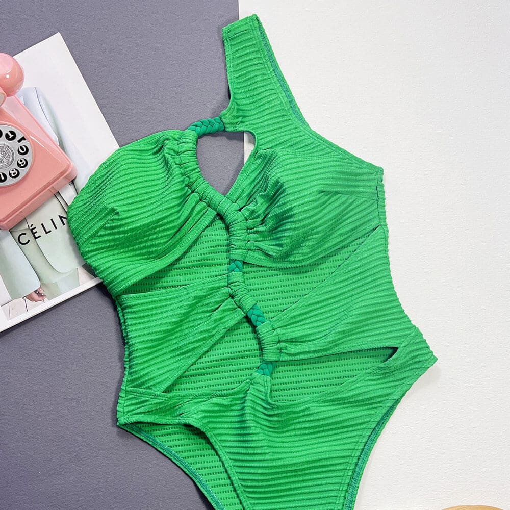 Tropical Rib Knit Cutout One Shoulder Piece Swimsuit - On sale