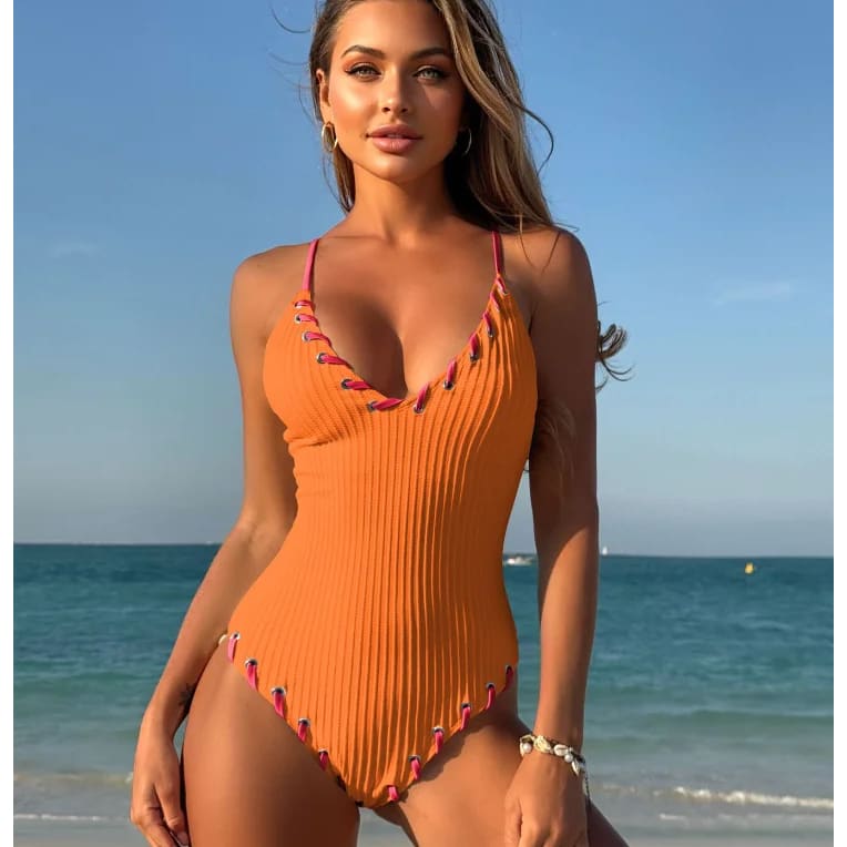 V‑Neck Ribbed Cross‑Back High‑Leg One‑Piece Swimsuit - On sale