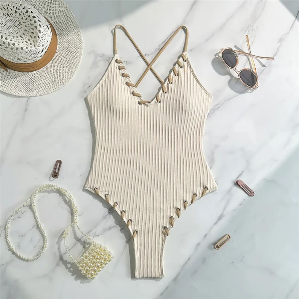 V‑Neck Ribbed Cross‑Back High‑Leg One‑Piece Swimsuit - Beige / S On sale