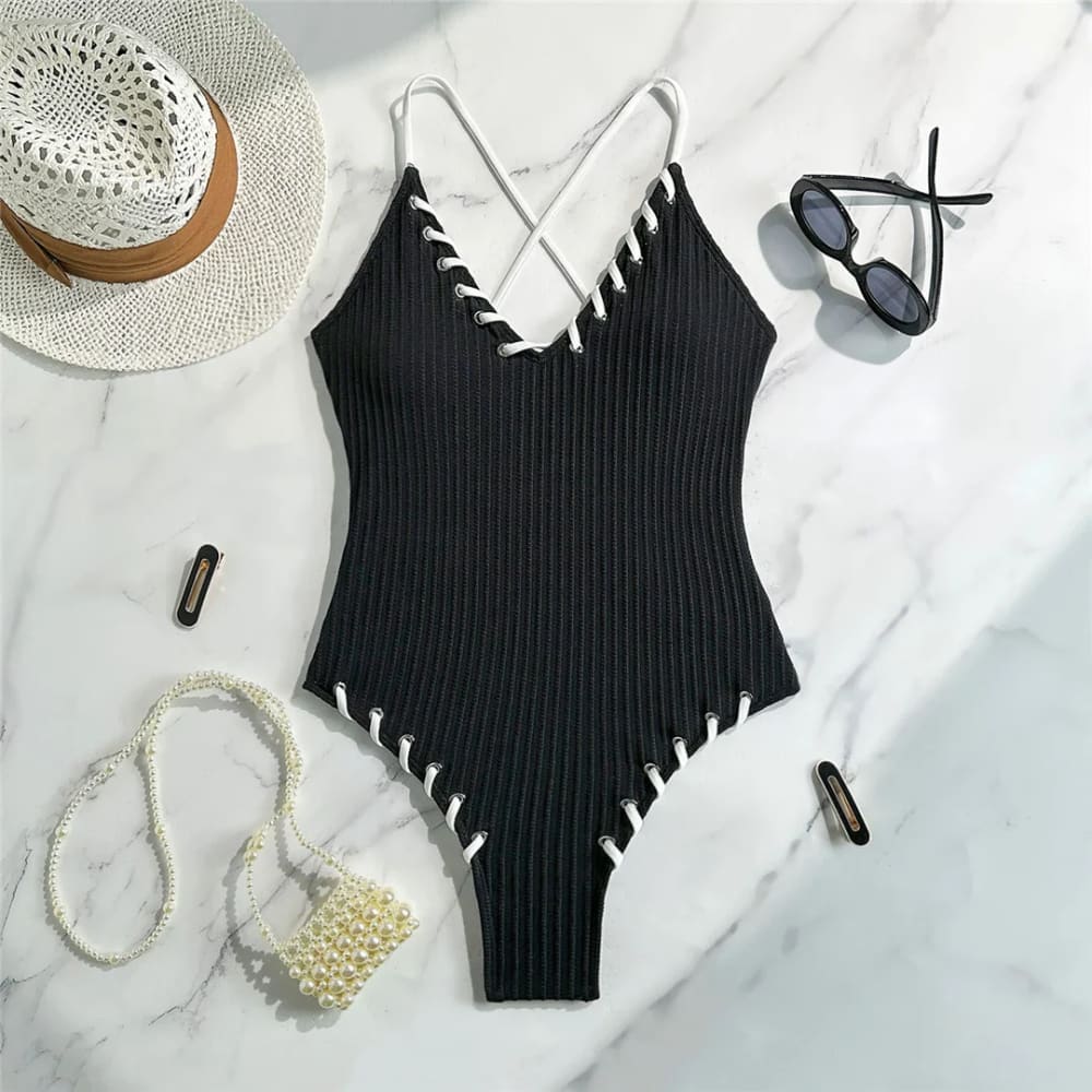 V‑Neck Ribbed Cross‑Back High‑Leg One‑Piece Swimsuit - black / S On sale