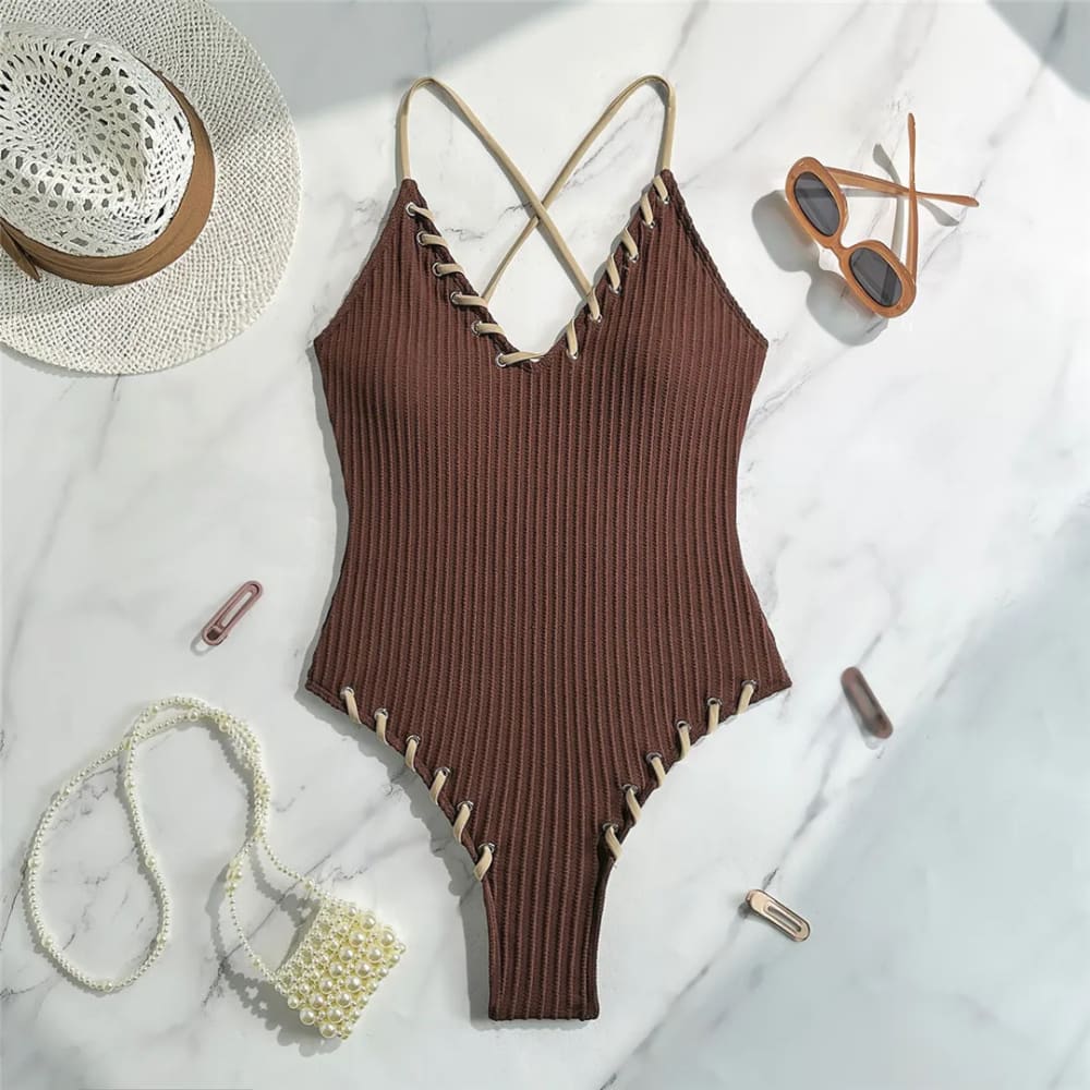 V‑Neck Ribbed Cross‑Back High‑Leg One‑Piece Swimsuit - Dark Brown / S On sale