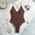 Brown ribbed cross-back one-piece swimsuit, V-neck with lace-up trim