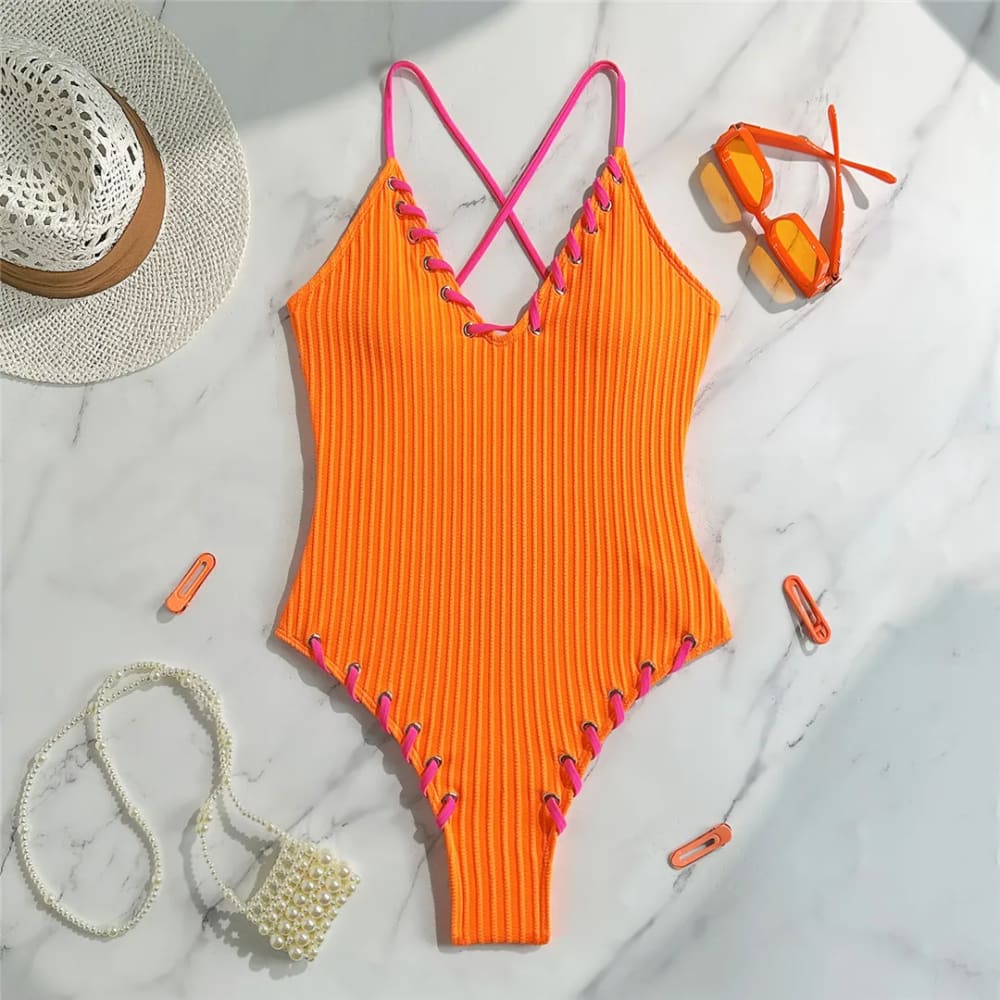 V‑Neck Ribbed Cross‑Back High‑Leg One‑Piece Swimsuit - Orange / S On sale