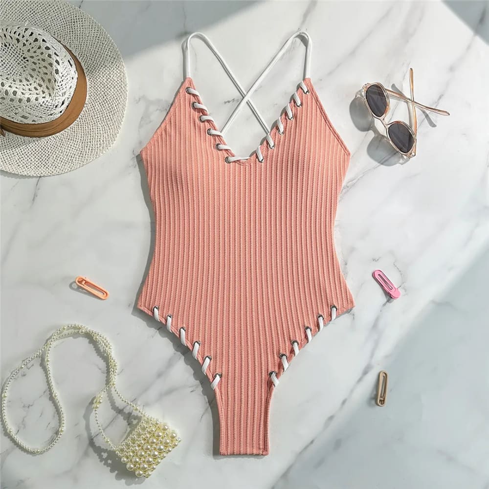 V‑Neck Ribbed Cross‑Back High‑Leg One‑Piece Swimsuit - Pink / S On sale
