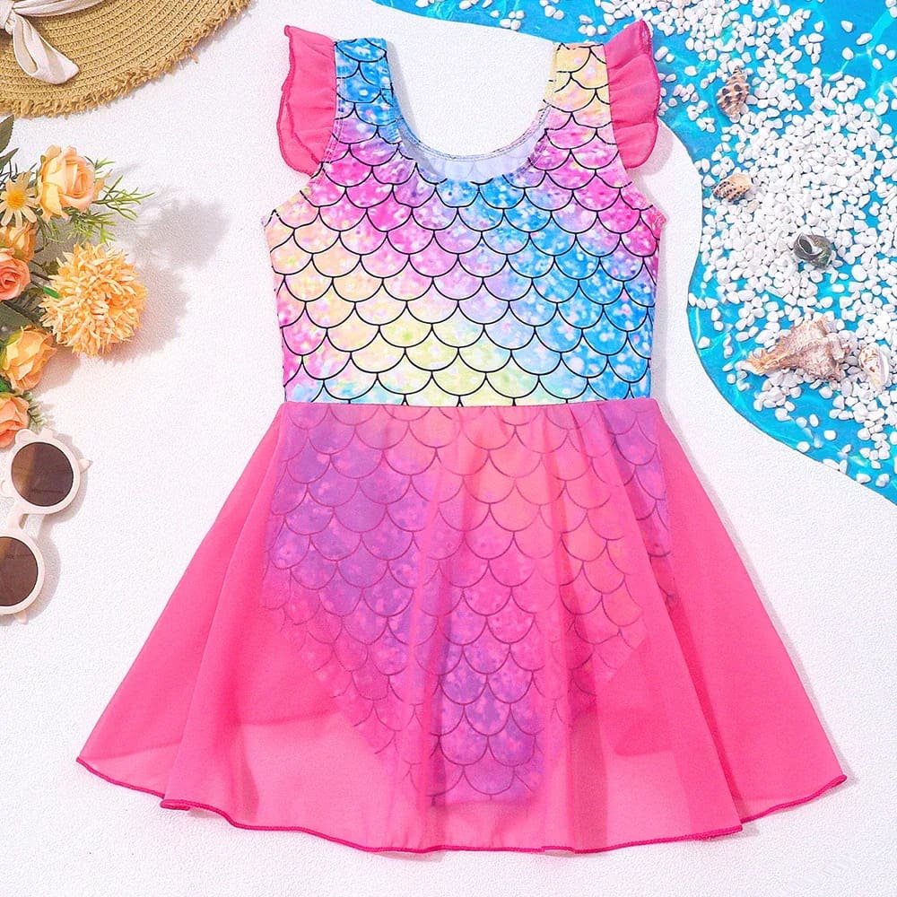 Girls mermaid ruffle swimdress with rainbow scales, pink layered tulle skirt