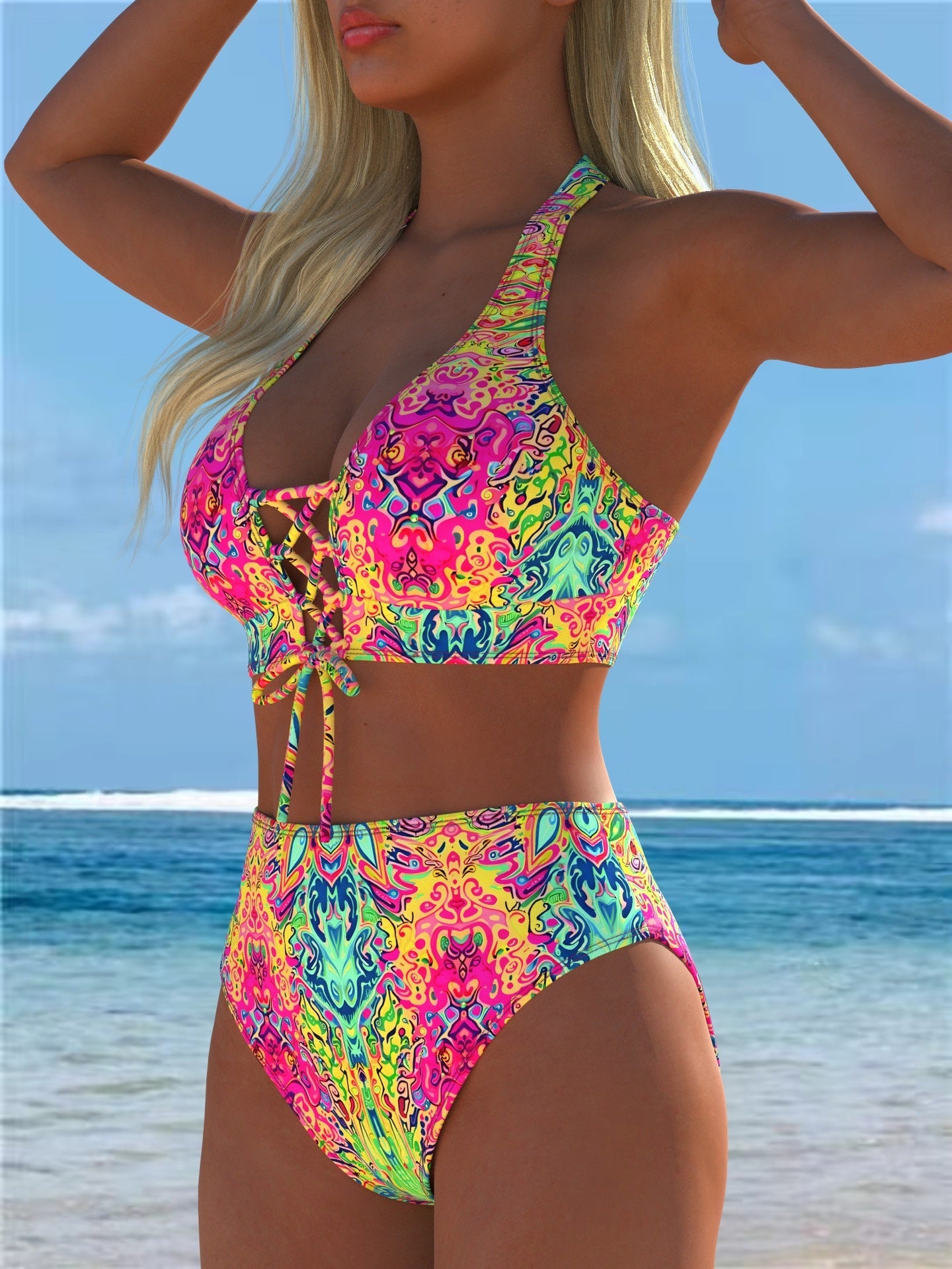 Vibrant neon paisley patterned two-piece bikini set with halter top and high-waisted bottoms for women