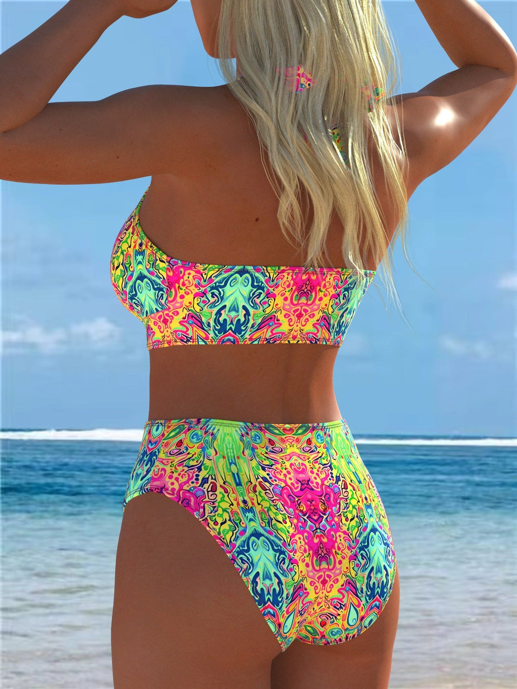 Vibrant neon paisley-patterned two-piece bikini set in electric pink lime green and turquoise with ties and backless design