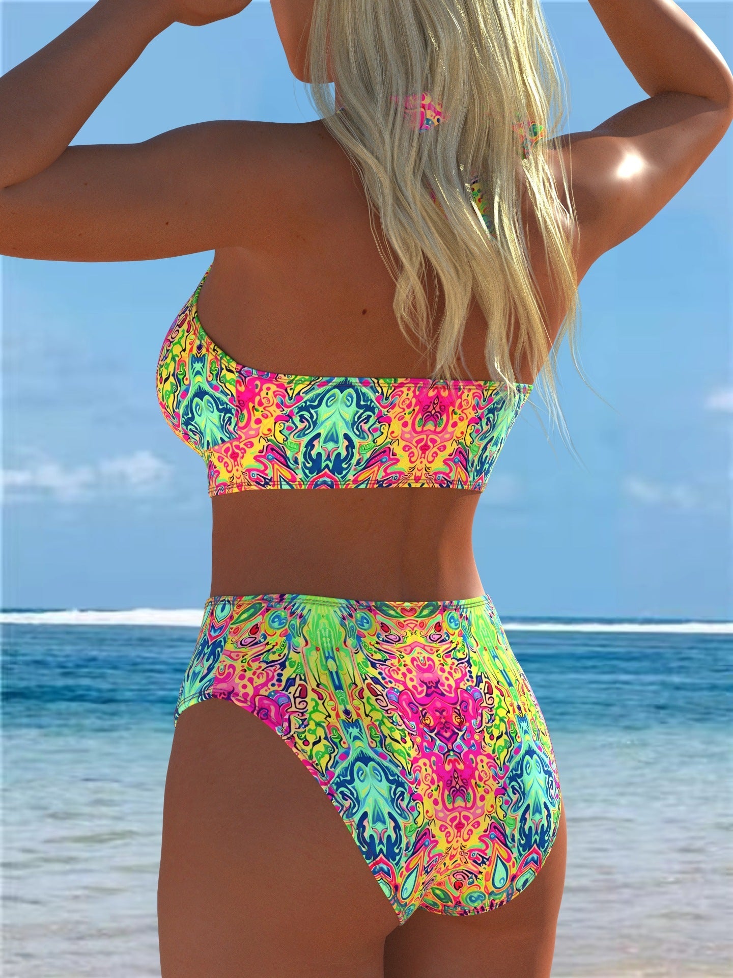 Vibrant neon paisley-patterned two-piece bikini set in electric pink lime green and turquoise with ties and backless design
