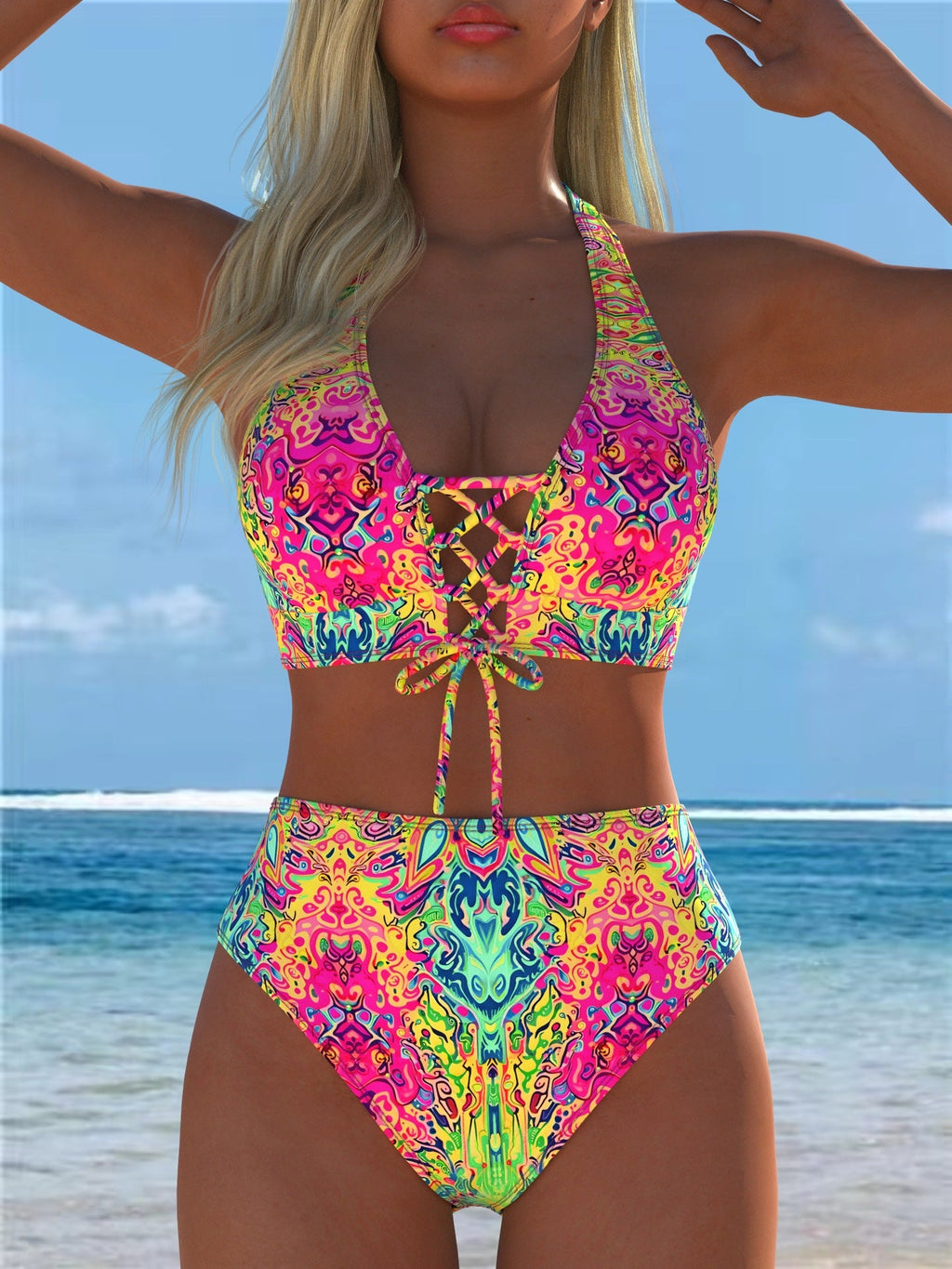 Vibrant neon patterned two-piece bikini set with lace-up halter top and high-waisted bottoms for women