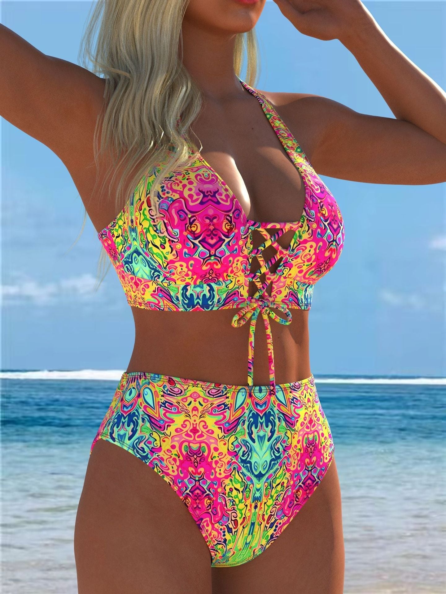 Vibrant neon-patterned two-piece bikini set with halter top and high-waisted bottoms for women swimwear