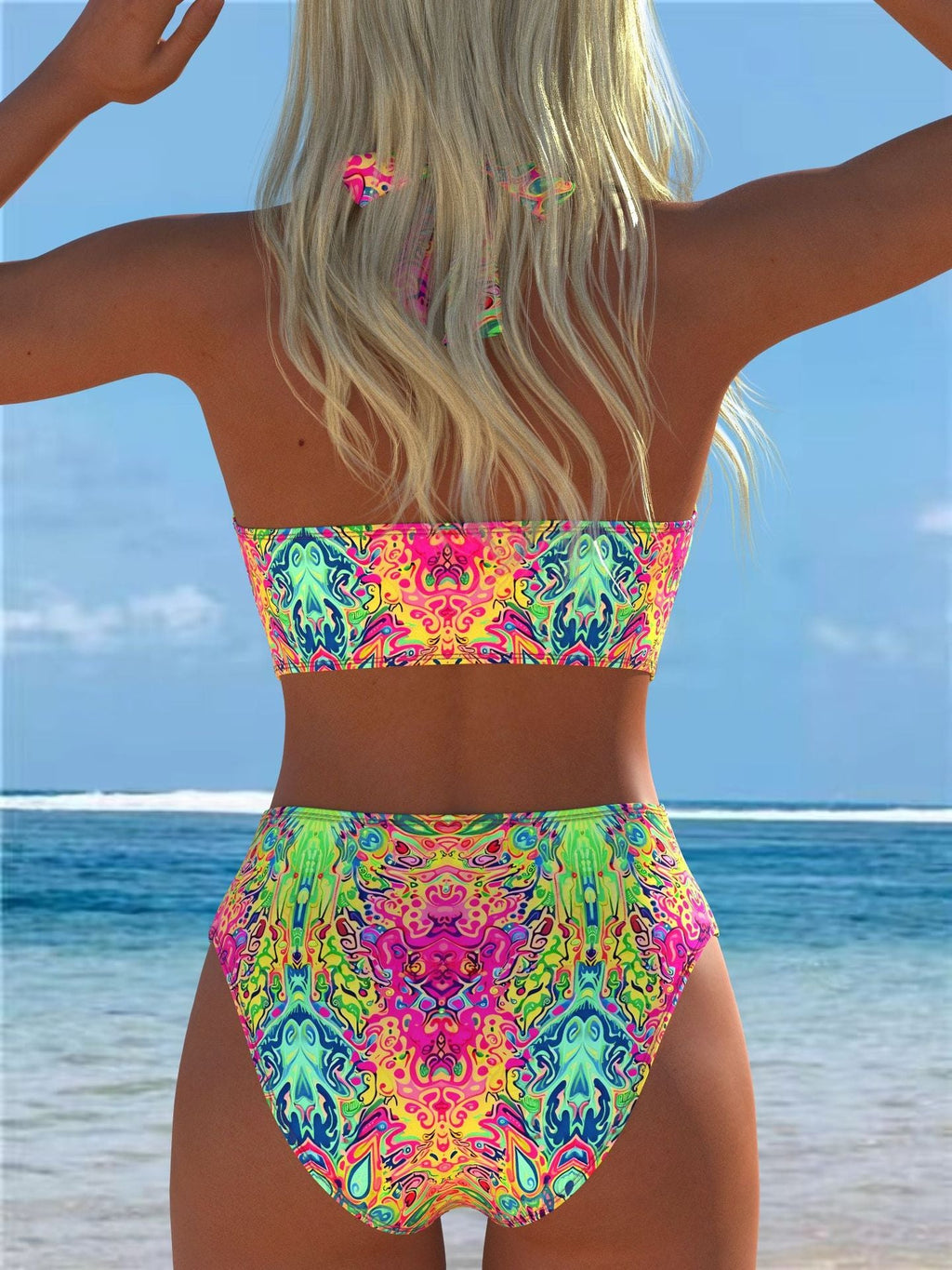 Vibrant neon-patterned two-piece bikini set with strapless top and high-waisted psychedelic swirl bottoms for women