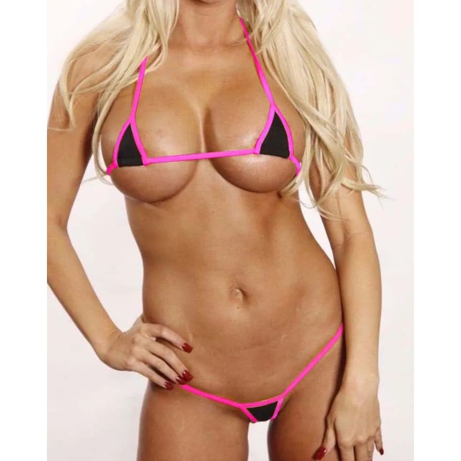 Micro mini G-String Bikini-Set mit schwarzem Tri-Top und pinkem Kontrastband