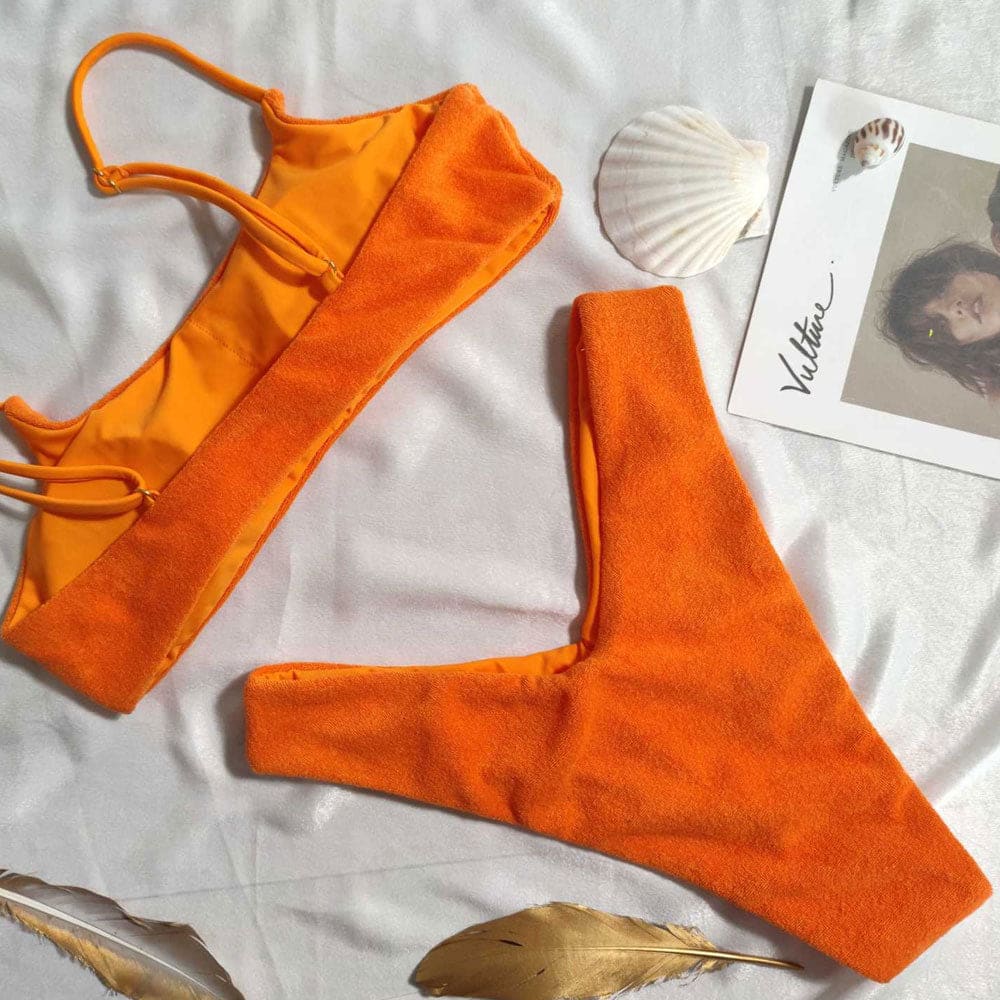 Bralette top and Brazilian high-cut bikini bottoms in burnt orange terry fabric