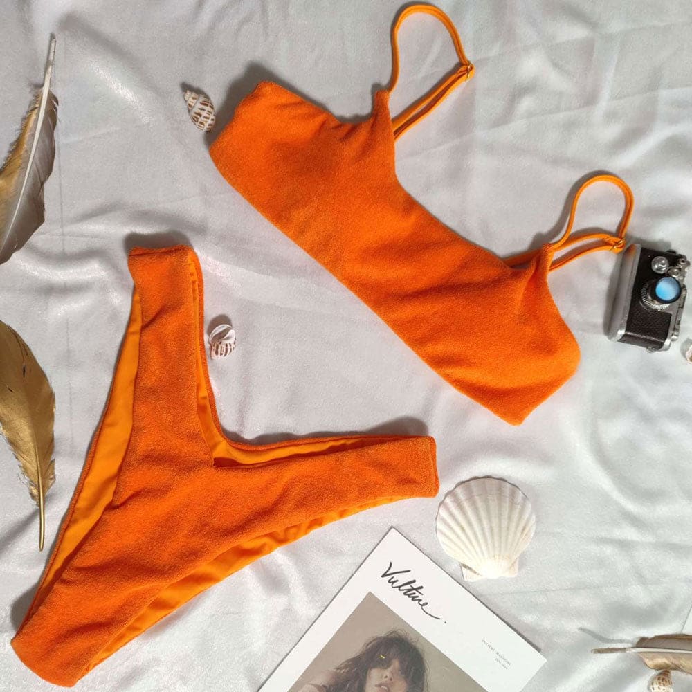 Burnt-orange terry two-piece bikini set with bralette top and Brazilian high-cut bottoms