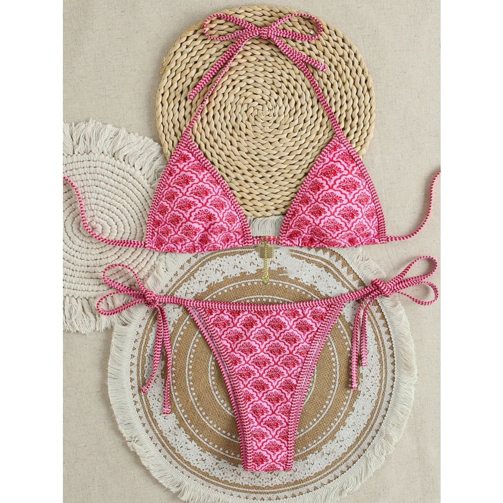 Vibrant pink triangle push-up bikini set with scalloped pattern and tied side brazilian bottoms