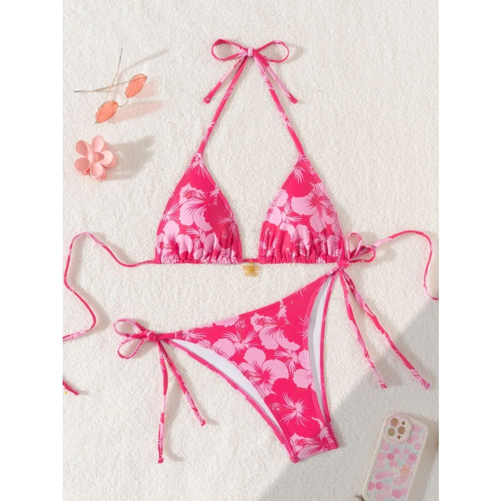 Vibrant pink floral push-up triangle bikini set with adjustable tie-side strings and brazilian bottoms