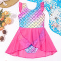 Girls mermaid swimdress one-piece with rainbow scale print and pink tulle skirt