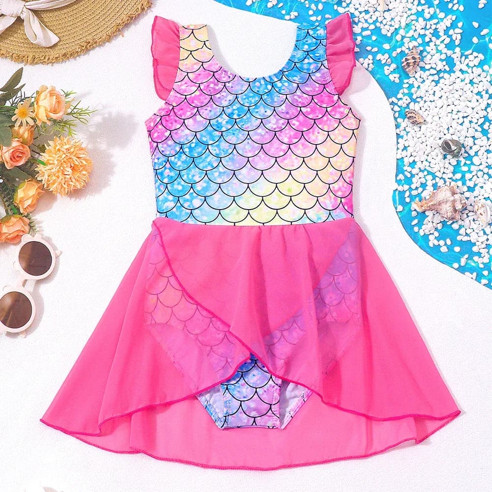 Girls mermaid swimdress one-piece with rainbow scale print and pink tulle skirt