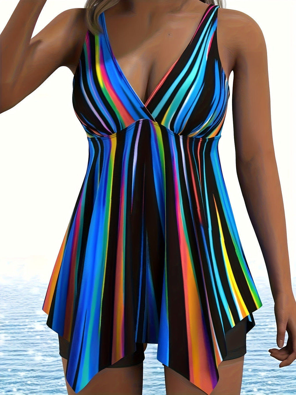 Women’s plus size vibrant rainbow-striped one-piece swimsuit with plunging v-neckline and asymmetrical hem