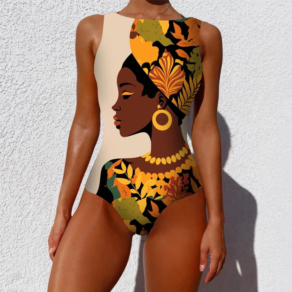 Ethnic floral animal patchwork one-piece swimsuit with vibrant african woman graphic and warm orange accents on cream base
