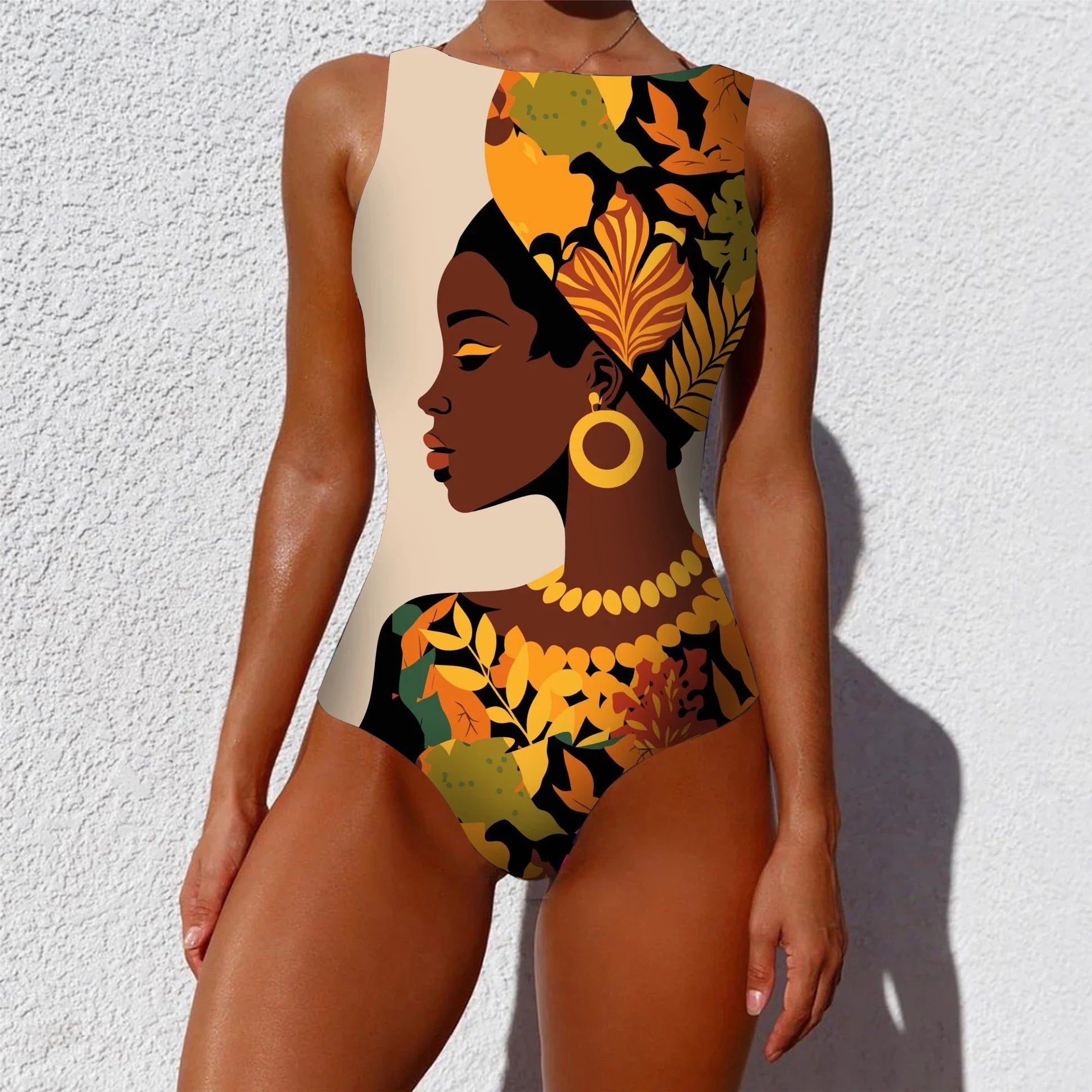 Ethnic floral animal patchwork one-piece swimsuit with vibrant african woman graphic and warm orange accents on cream base