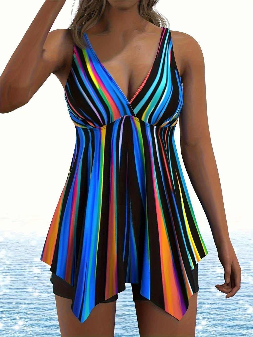 Women’s plus size two-piece tankini swimsuit with vibrant rainbow vertical stripes on black sleeveless one-piece base