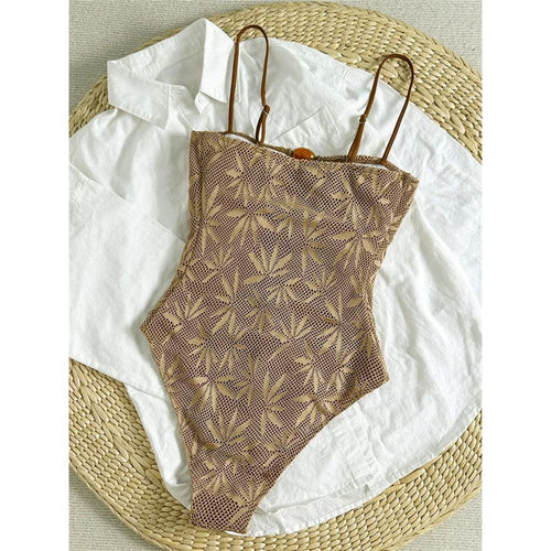 Coffee-brown leaf lace one-piece swimsuit with scalloped edges and thin straps